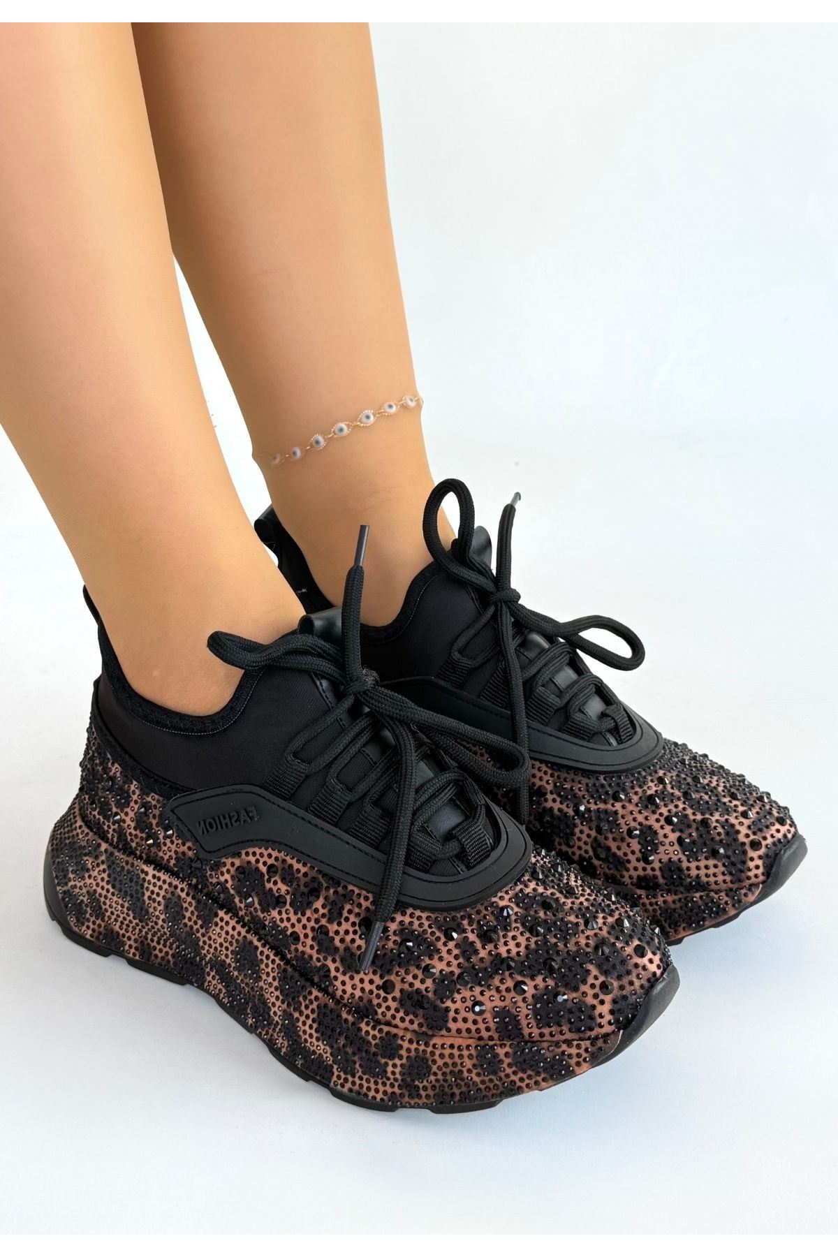 Rimay Siyah Leopar Sneaker Yan Profil ve Platform Taban