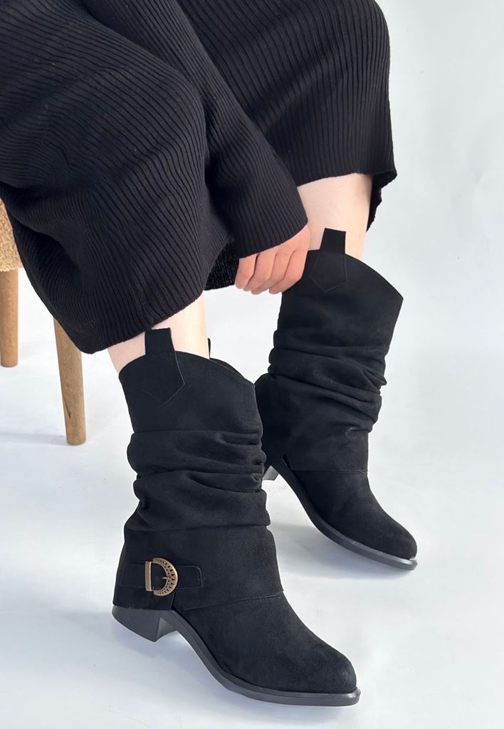Canty Siyah Süet Çizme Arka Görünüm ve Körüklü Yapı
