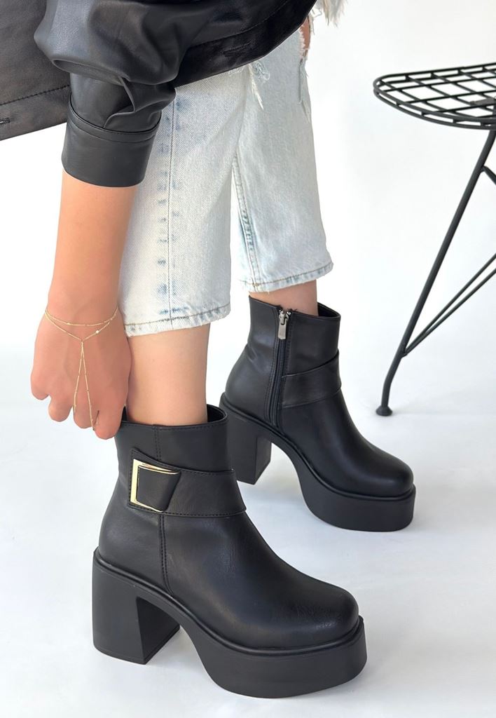 Lonji Siyah Bot Yan Profil ve Kalın Topuk