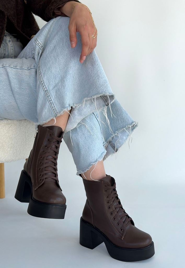 Tsan Kahverengi Bot Yan Profil ve Kalın Topuk