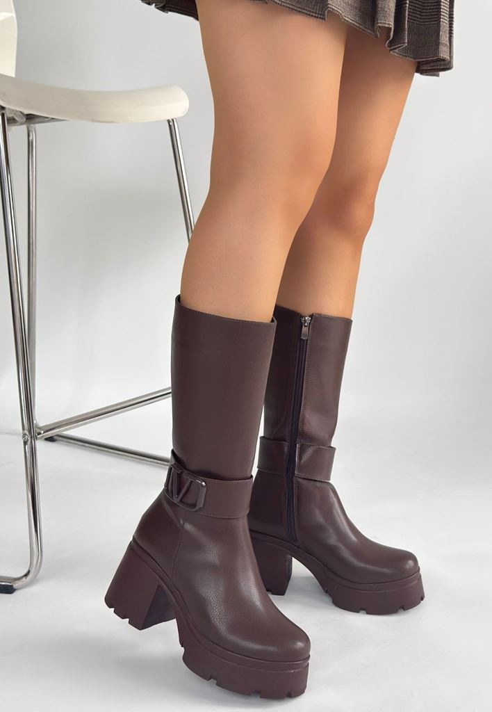 Moki Kahverengi Çizme Yan Profil ve Kalın Topuk