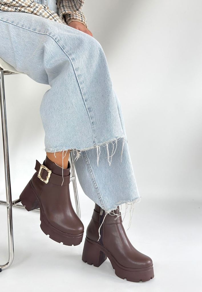 Pinma Kahverengi Bot Yan Profil ve Kalın Topuk