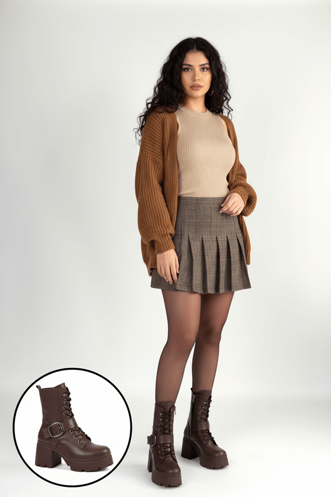 Linma Kahverengi Cilt Bağcıklı Topuklu Bot Ana Görünüm