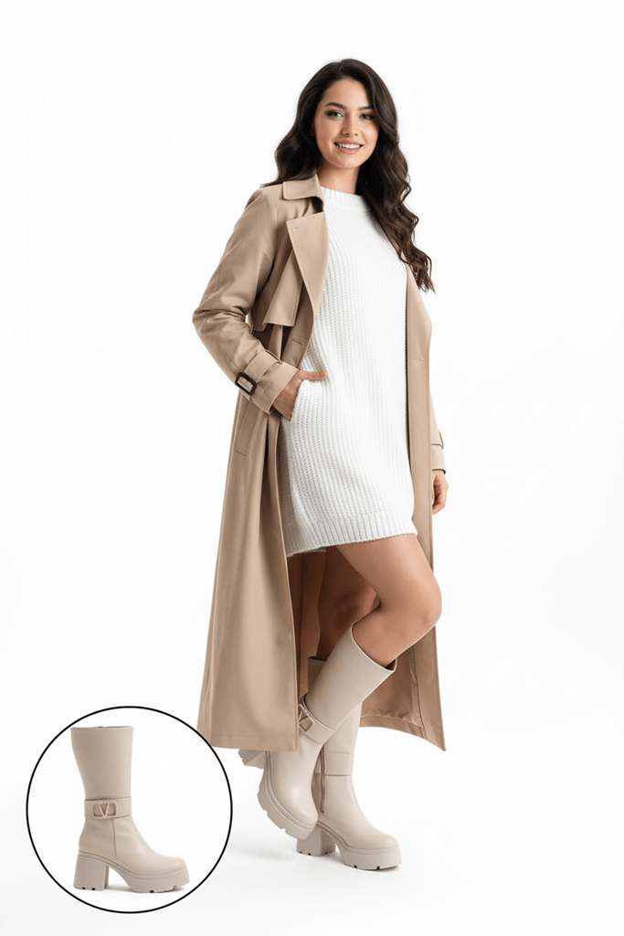 Moki Bej Cilt Topuklu Çizme Ana Görünüm