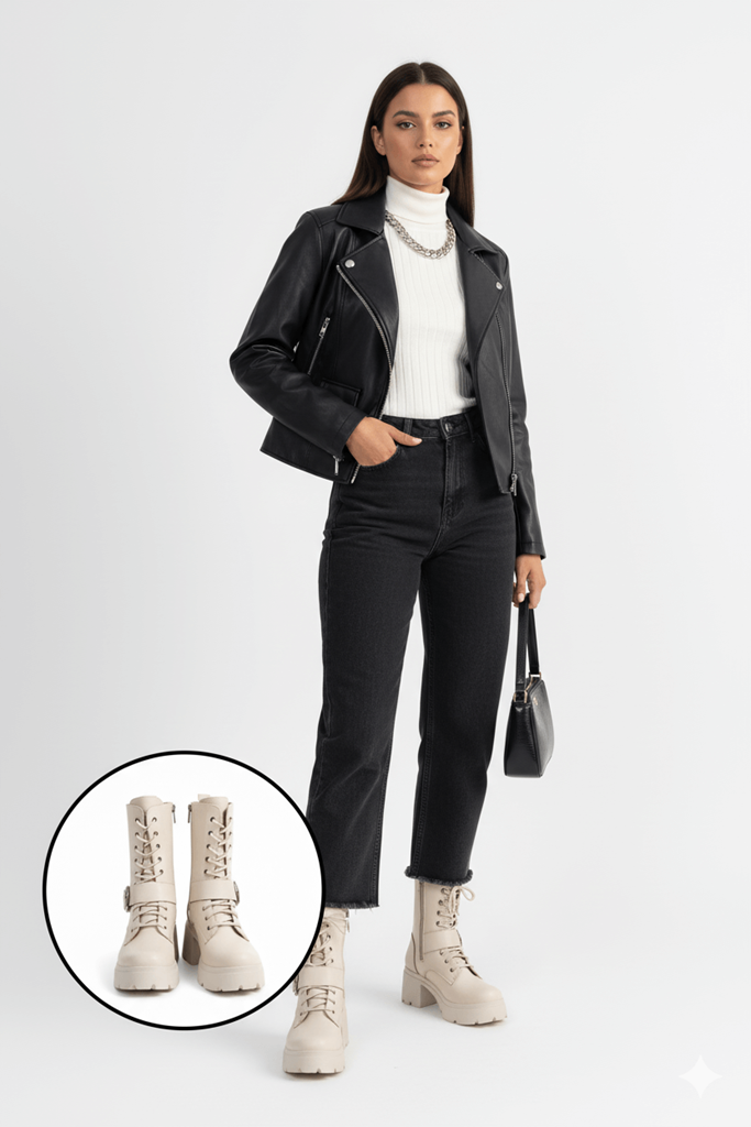 Linma Bej Cilt Bağcıklı Topuklu Bot Ana Görünüm