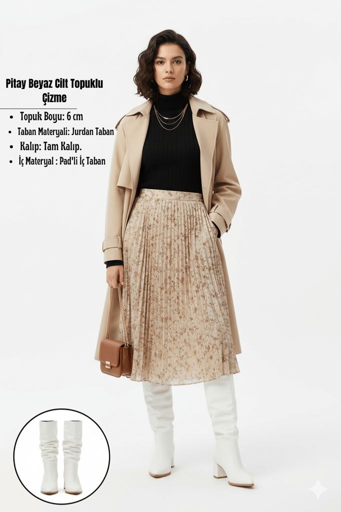 Pitay Beyaz Cilt Topuklu Çizme