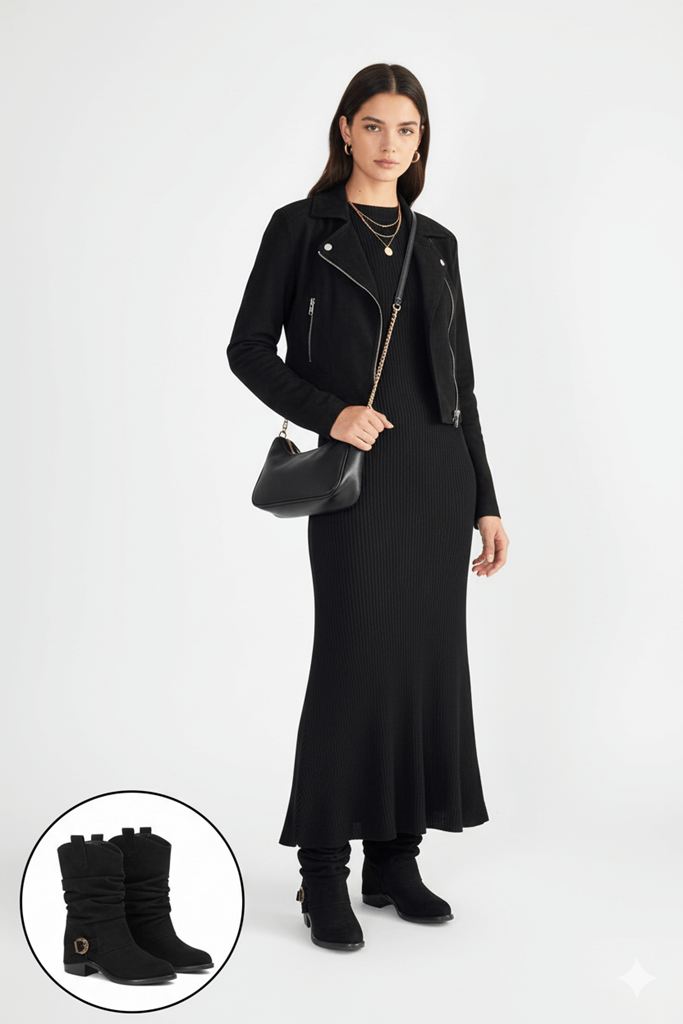 Canty Siyah Süet Körüklü Topuklu Çizme Ana Görünüm