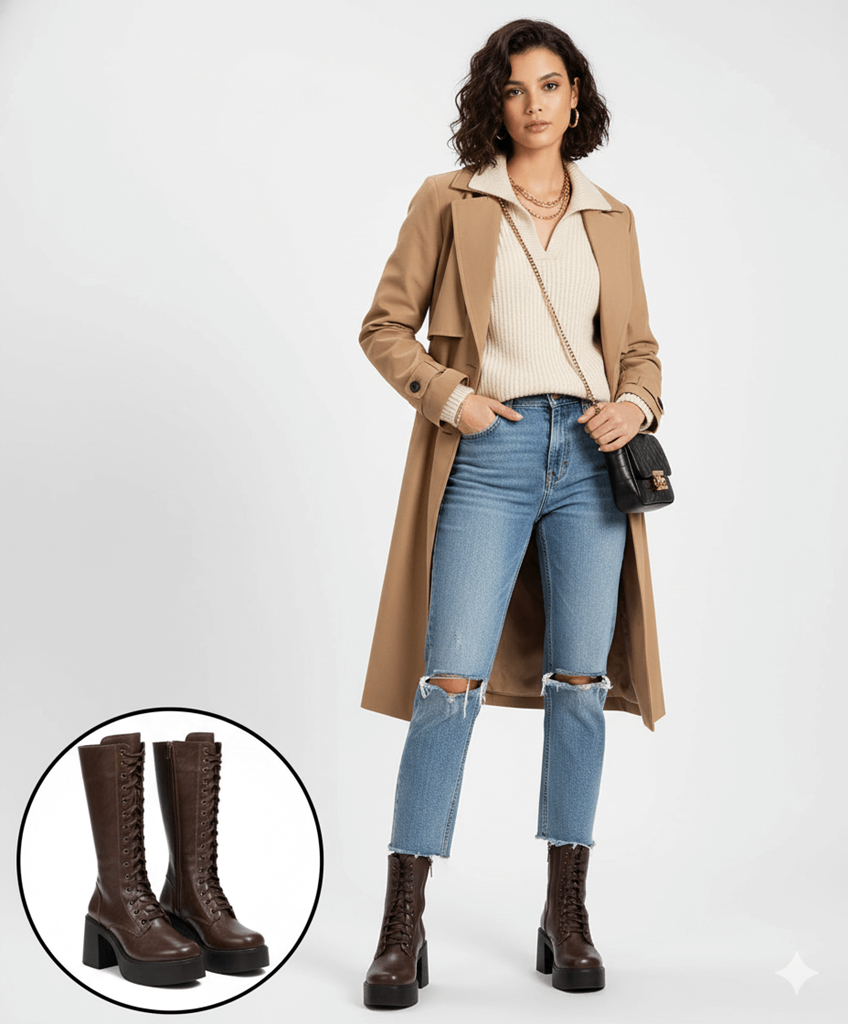 Guay Kahverengi Cilt Bağcıklı Topuklu Çizme Ana Görünüm