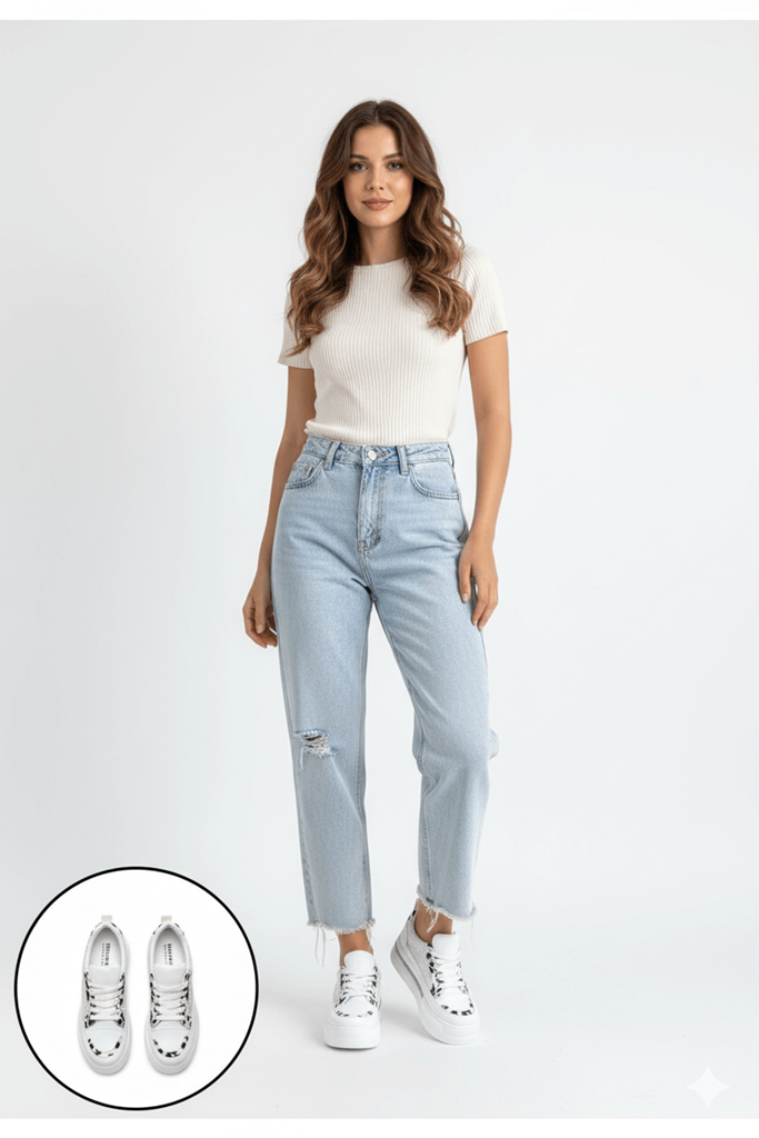 Lawin Dalmaçya Desenli ve Simli Taş Şeritli Platform Kadın Sneaker