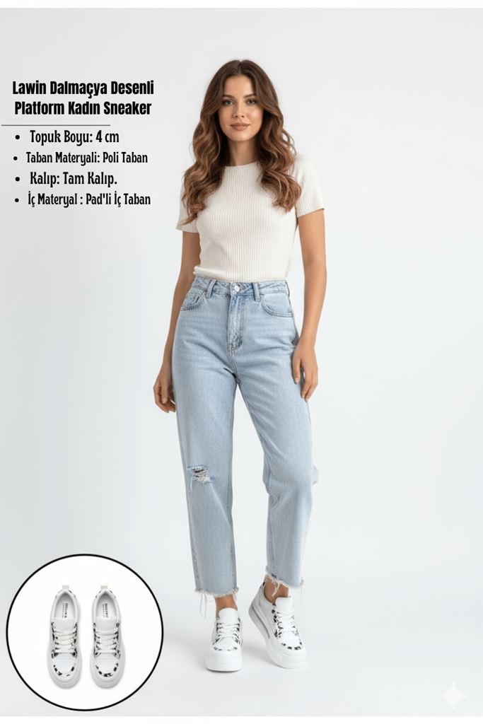 Lawin Dalmaçya Desenli ve Simli Taş Şeritli Platform Kadın Sneaker