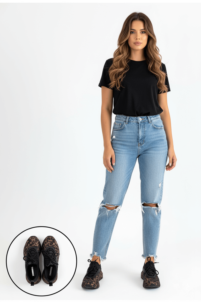 Rimay Siyah Leopar Desenli Taşlı Kalın Tabanlı Sneaker Ana Görünüm