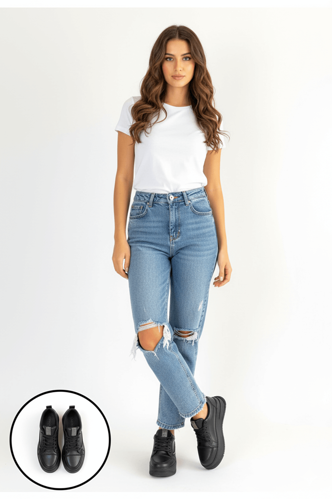 Natte Siyah Taş Şeritli Ortopedik Platform Kadın Sneaker