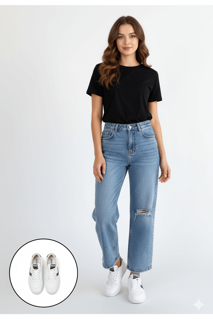 Jowen Beyaz Cilt Siyah Detaylı Spor Ayakkabı Ana Görünüm