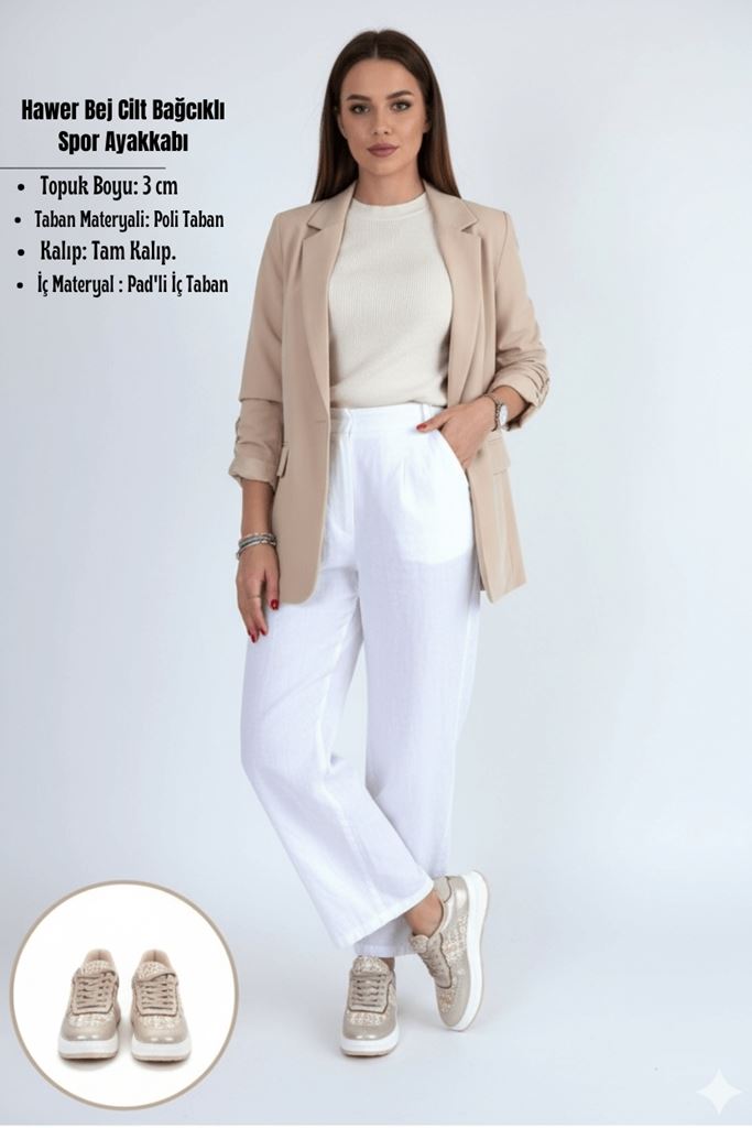 Hawer Bej Cilt Bağcıklı Spor Ayakkabı