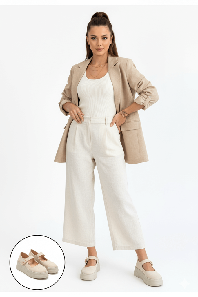 Lunni Bej Keten Bantlı Spor Ayakkabı Tam Görünüm