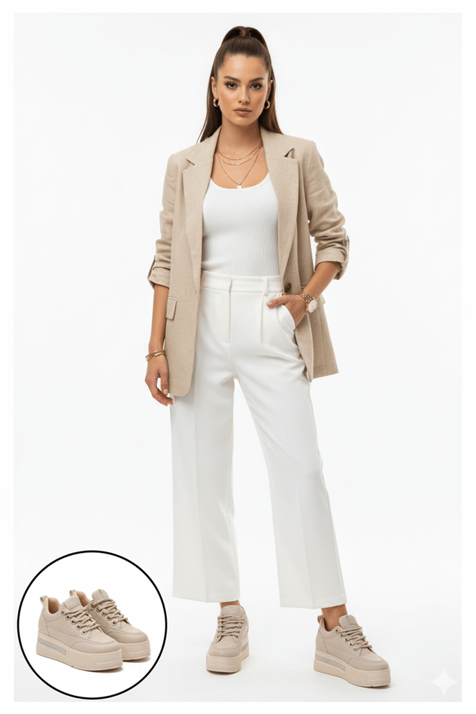 Lulu Bej Cilt Bağcıklı Spor Ayakkabı Ana Görünüm