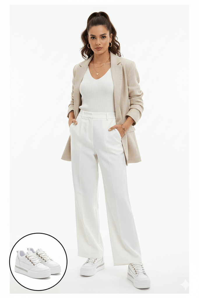 Lulu Beyaz Cilt Bağcıklı Spor Ayakkabı Ana Görünüm