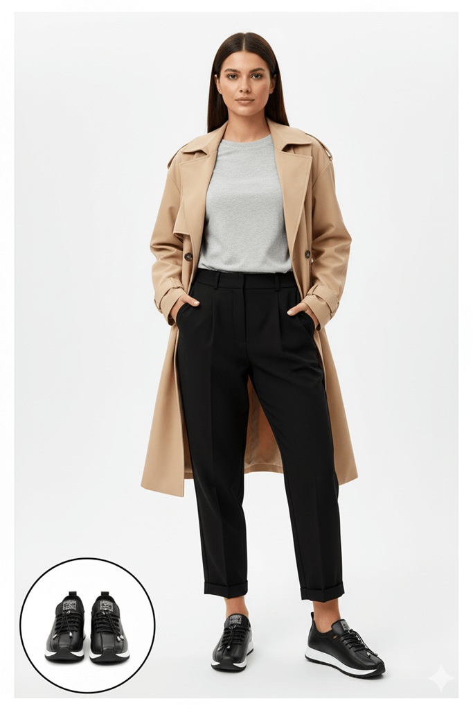 Monya Siyah Cilt Bağcıklı Spor Ayakkabı Ana Görünüm