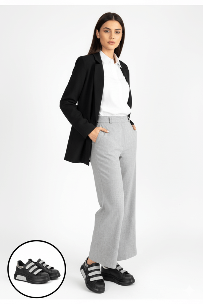 Elika Siyah Simli Cırt Cırtlı Spor Ayakkabı Tam Görünüm