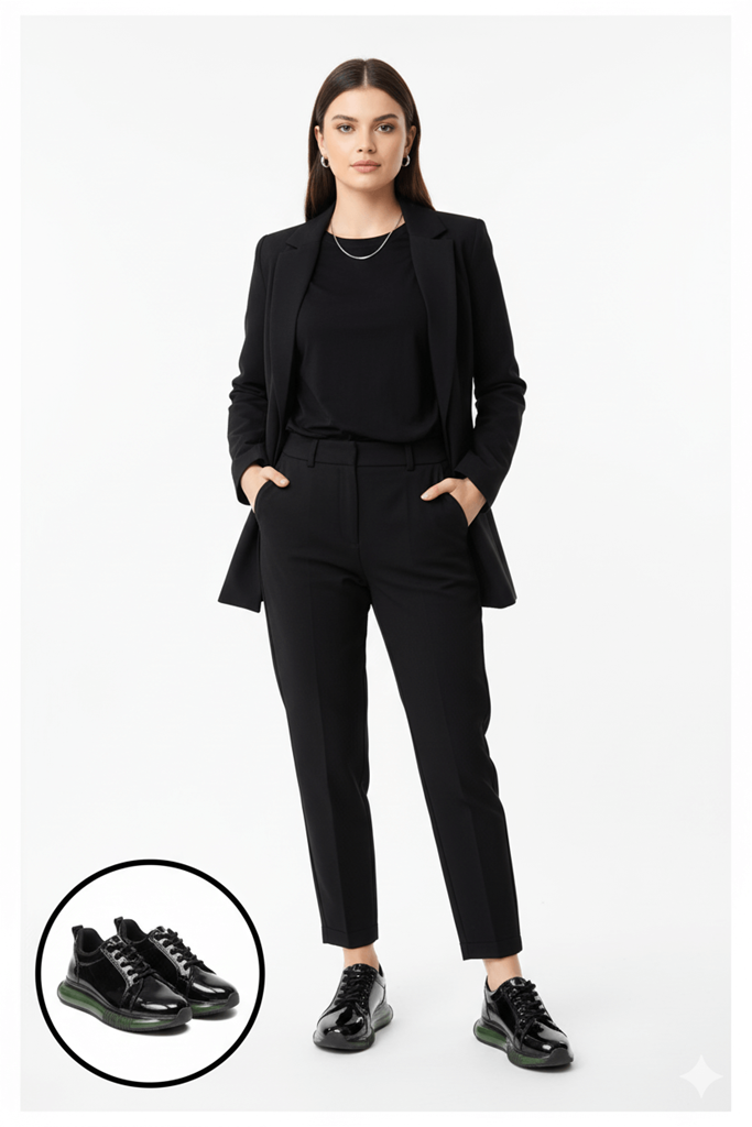 Piona Siyah Rugan Yeşil Tabanlı Spor Ayakkabı Tam Görünüm