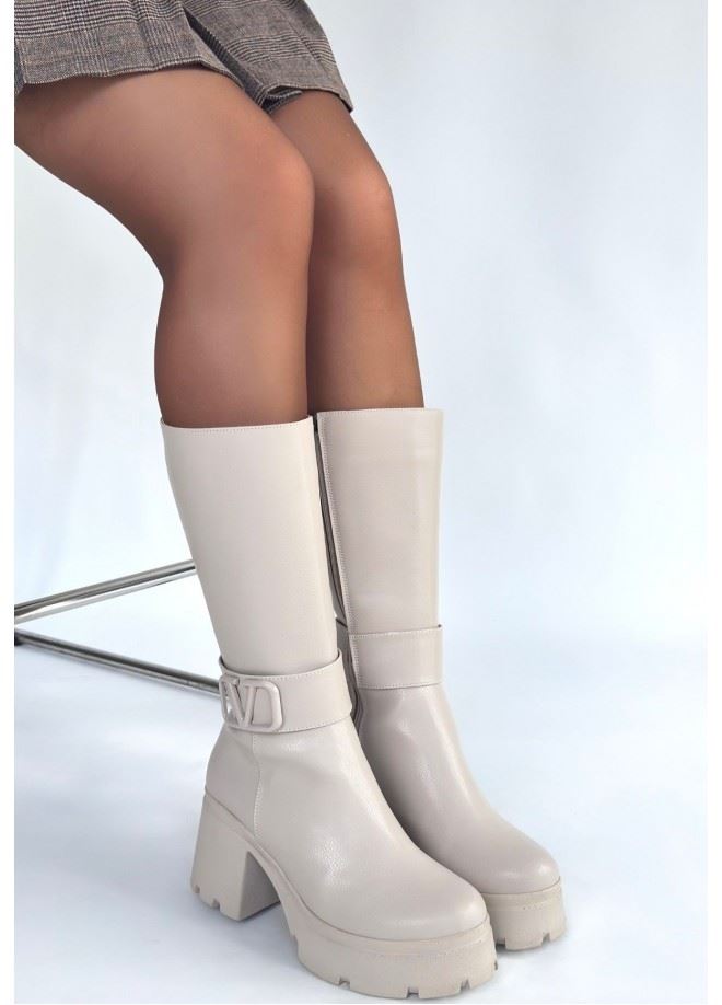 Moki Bej Çizme Yan Profil ve Kalın Topuk