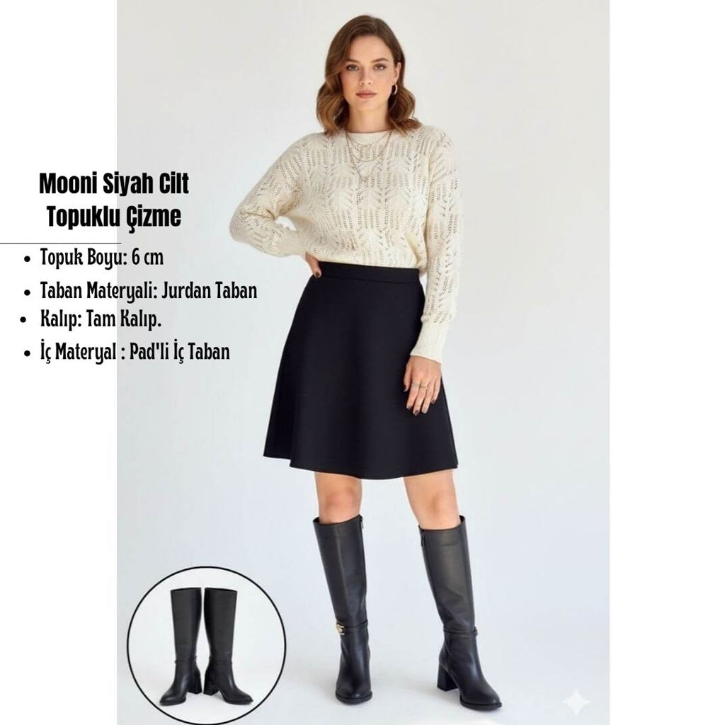 Mooni Siyah Cilt Topuklu Çizme