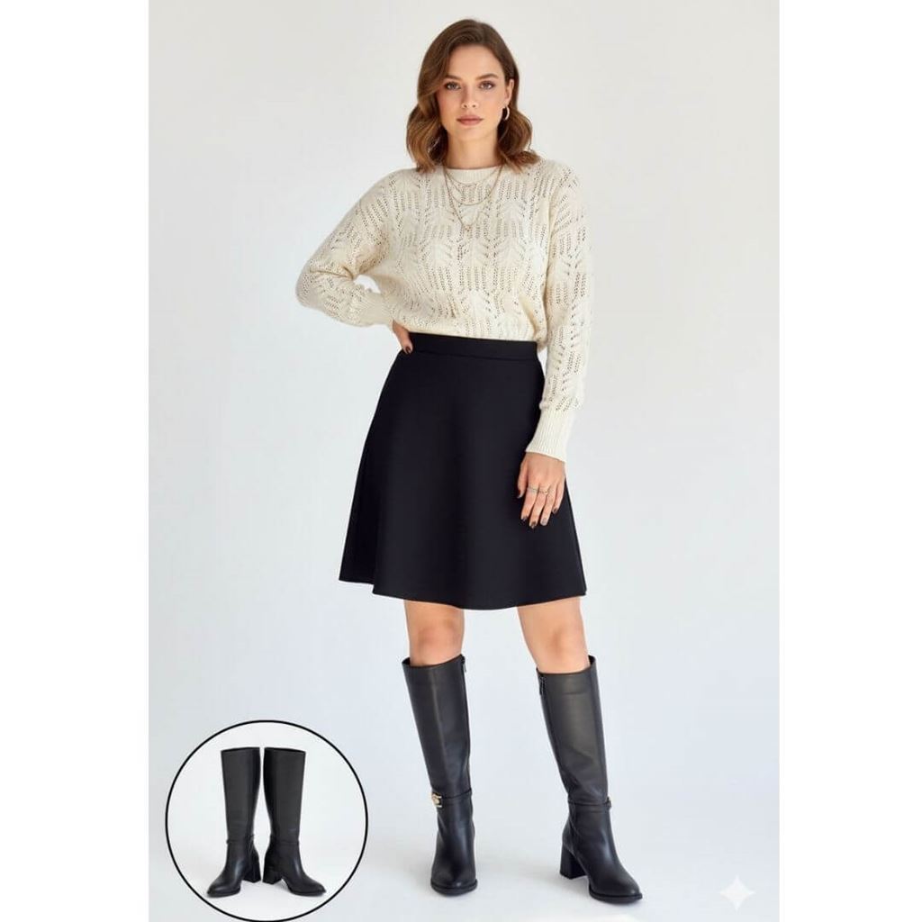 Mooni Siyah Cilt Topuklu Çizme