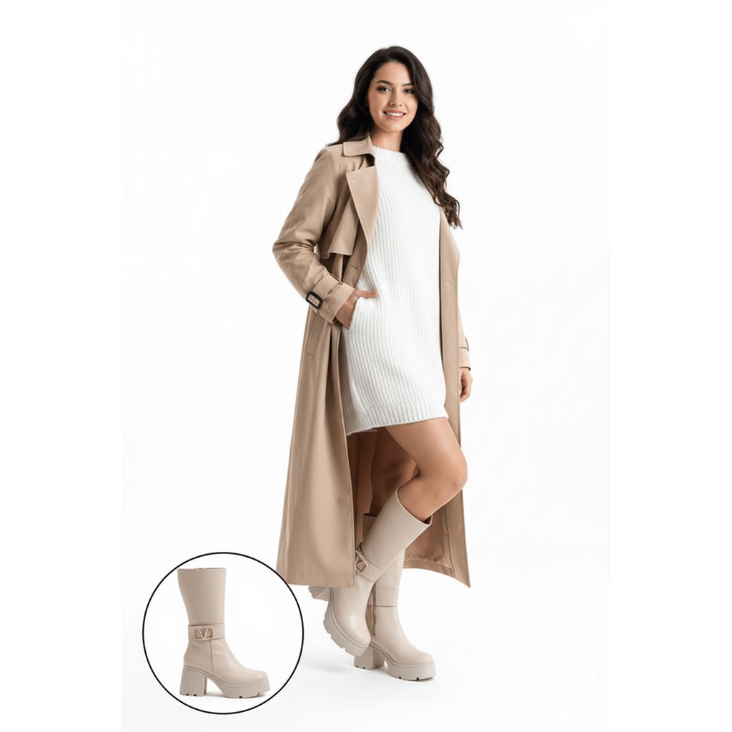 Moki Bej Cilt Topuklu Çizme