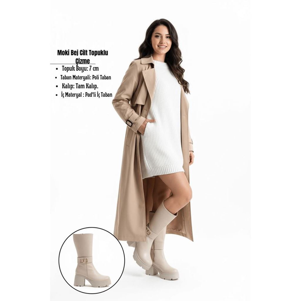 Moki Bej Cilt Topuklu Çizme
