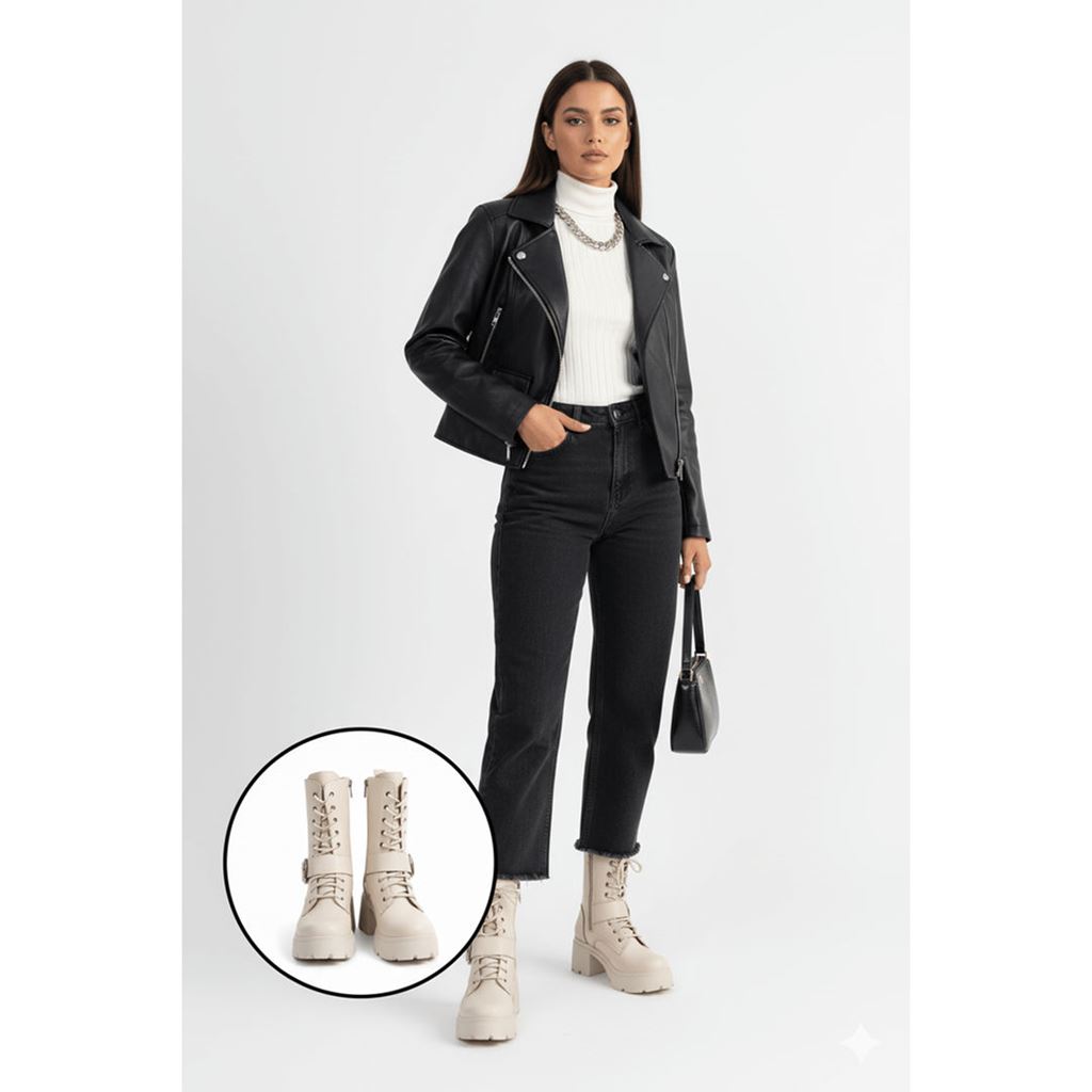 Linma Bej Cilt Bağcıklı Topuklu Bot