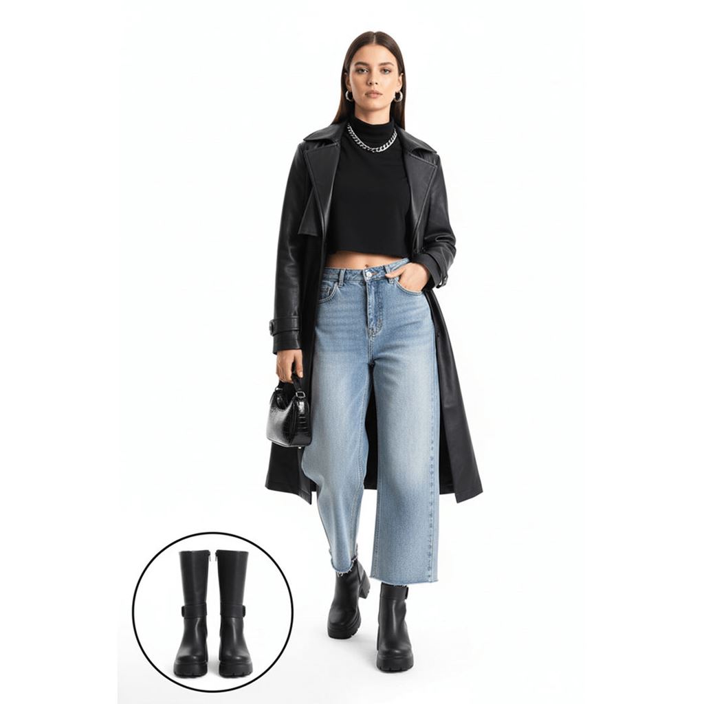 Moki Siyah Cilt Topuklu Çizme