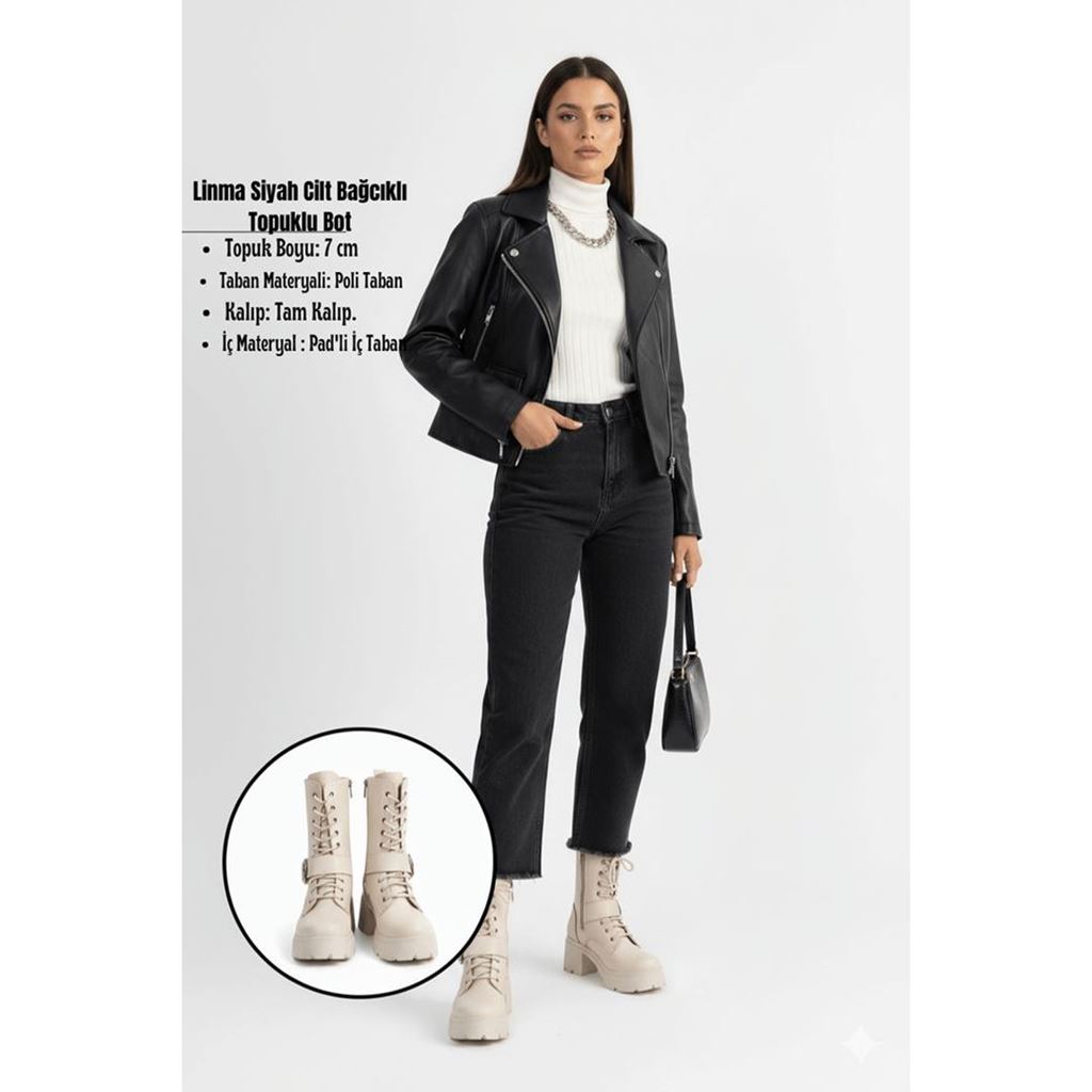 Linma Siyah Cilt Bağcıklı Topuklu Bot