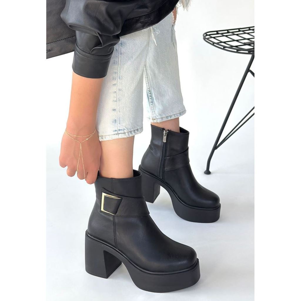 Lonji Siyah Cilt Topuklu Bot