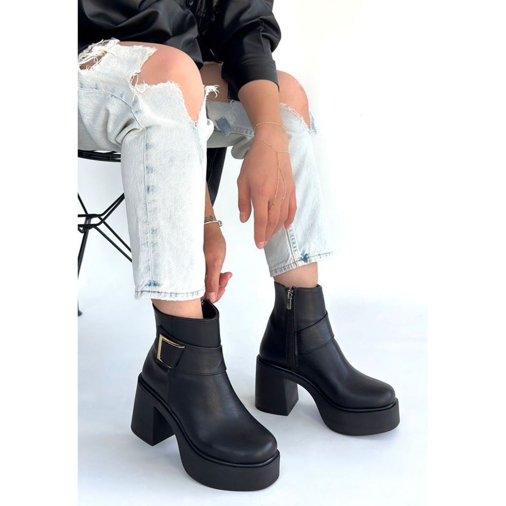 Lonji Siyah Cilt Topuklu Bot