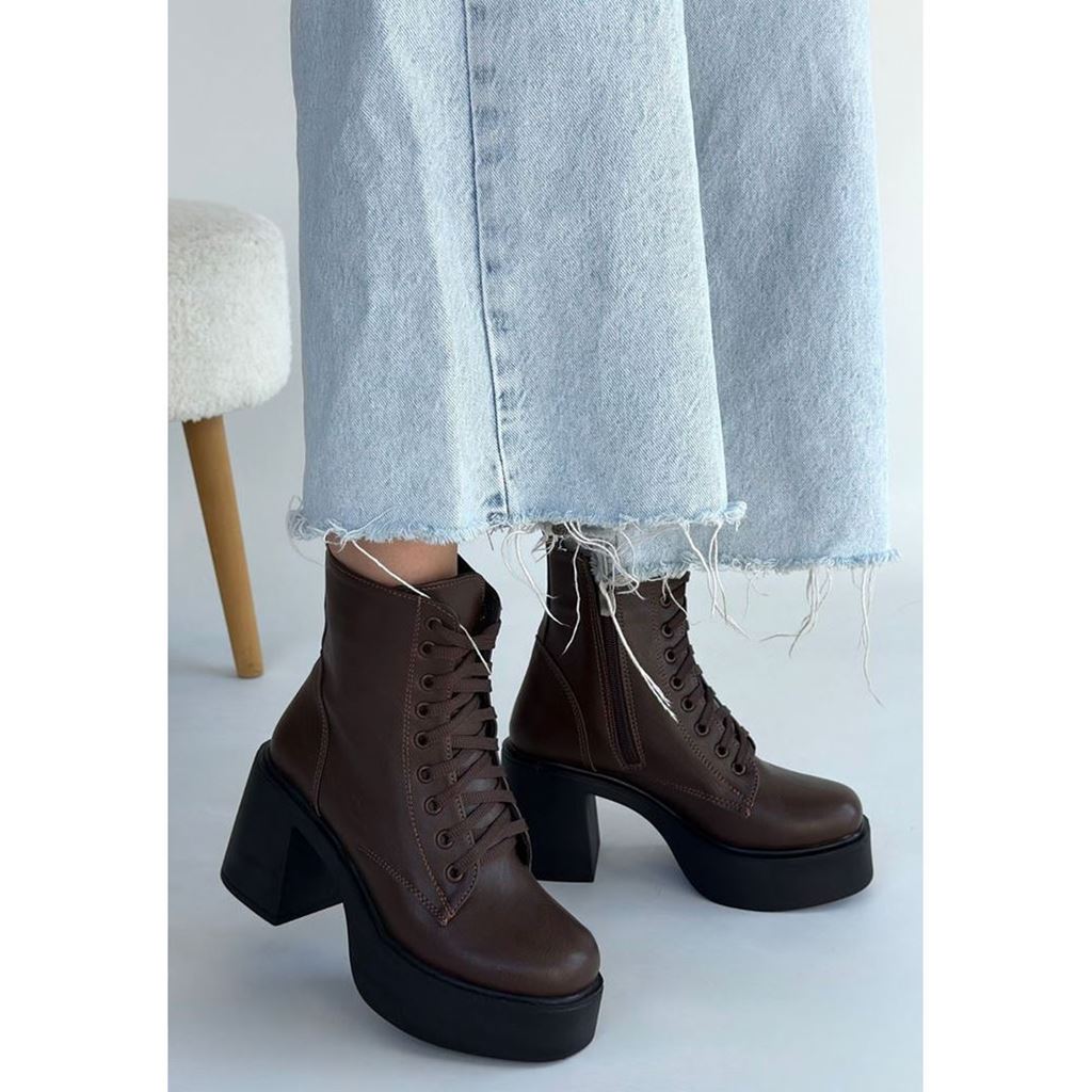 Tsan Kahverengi Cilt Bağcıklı Topuklu Bot