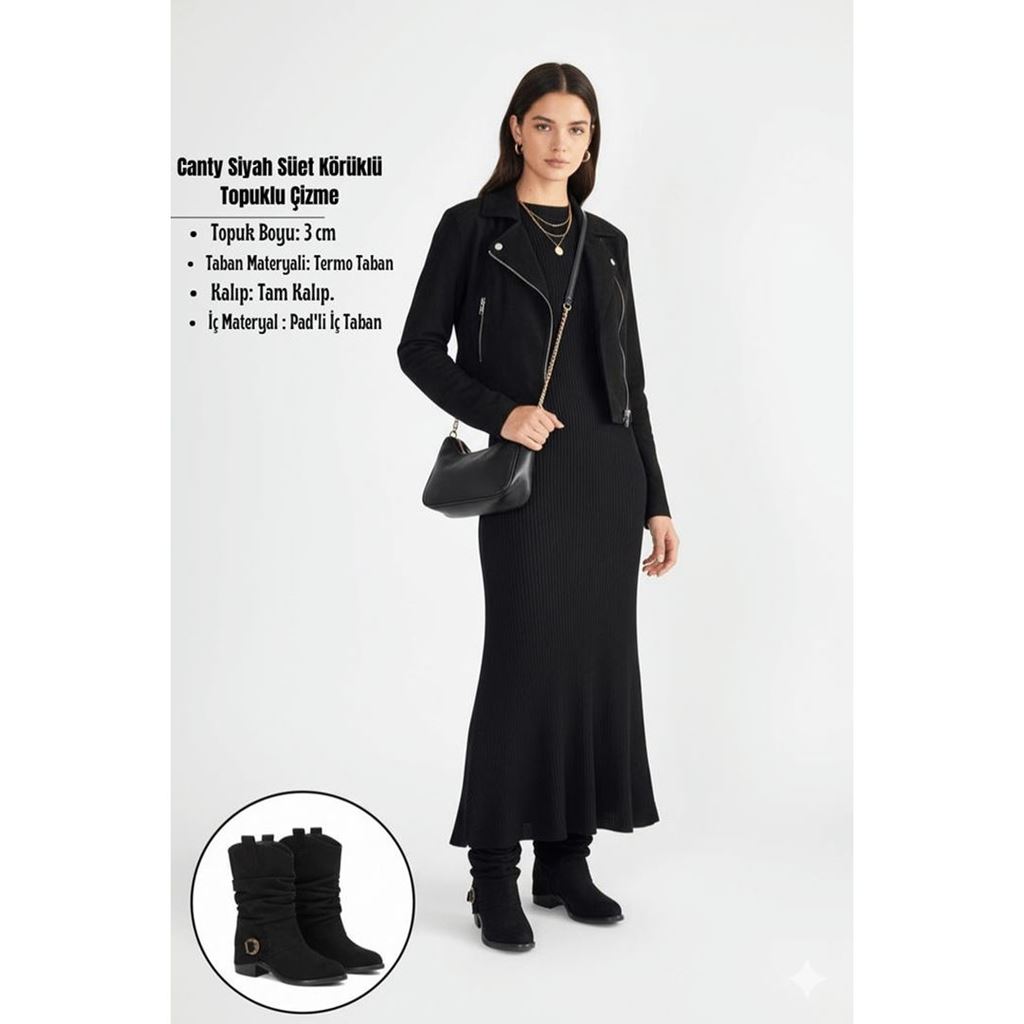 Canty Siyah Süet Körüklü Topuklu Çizme