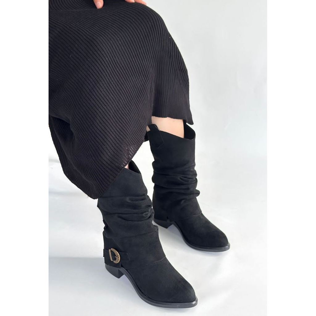 Canty Siyah Süet Körüklü Topuklu Çizme