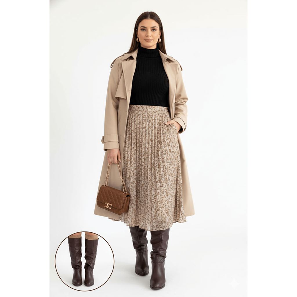 Winda Kahverengi Körüklü Diz Altı Alçak Topuklu Kadın Çizme