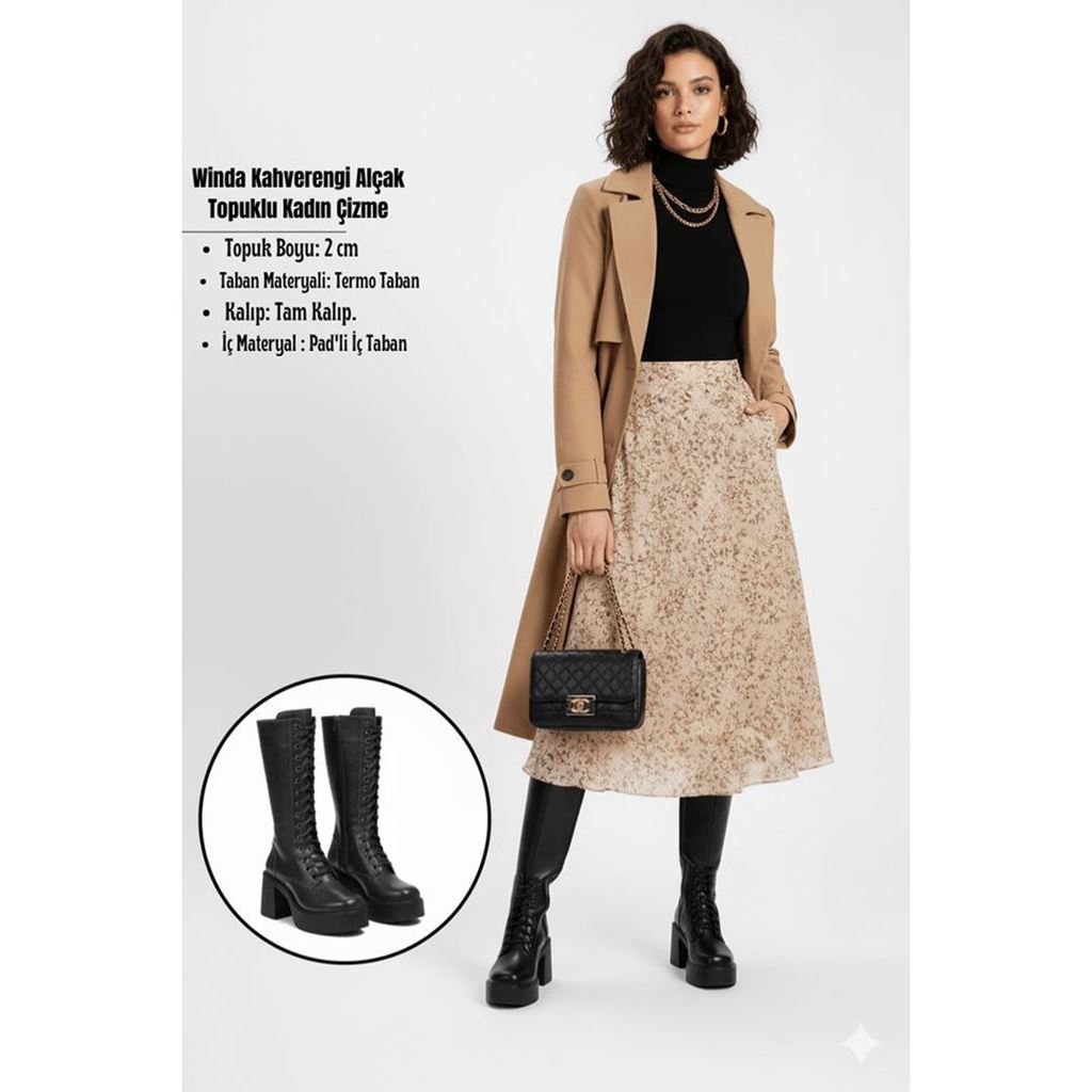 Winda Kahverengi Körüklü Diz Altı Alçak Topuklu Kadın Çizme