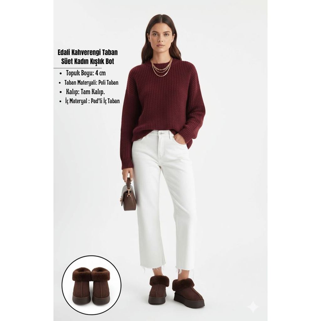 Edali Kahverengi İçi Kürklü Platform Taban Süet Kadın Kışlık Bot