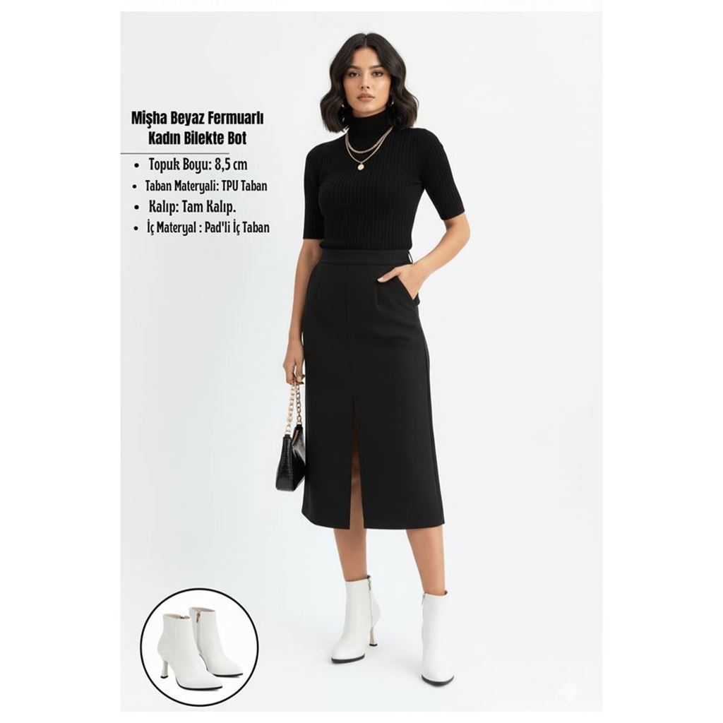 Mişha Beyaz Sivri Burun Kadeh Topuk Fermuarlı Kadın Bilekte Bot