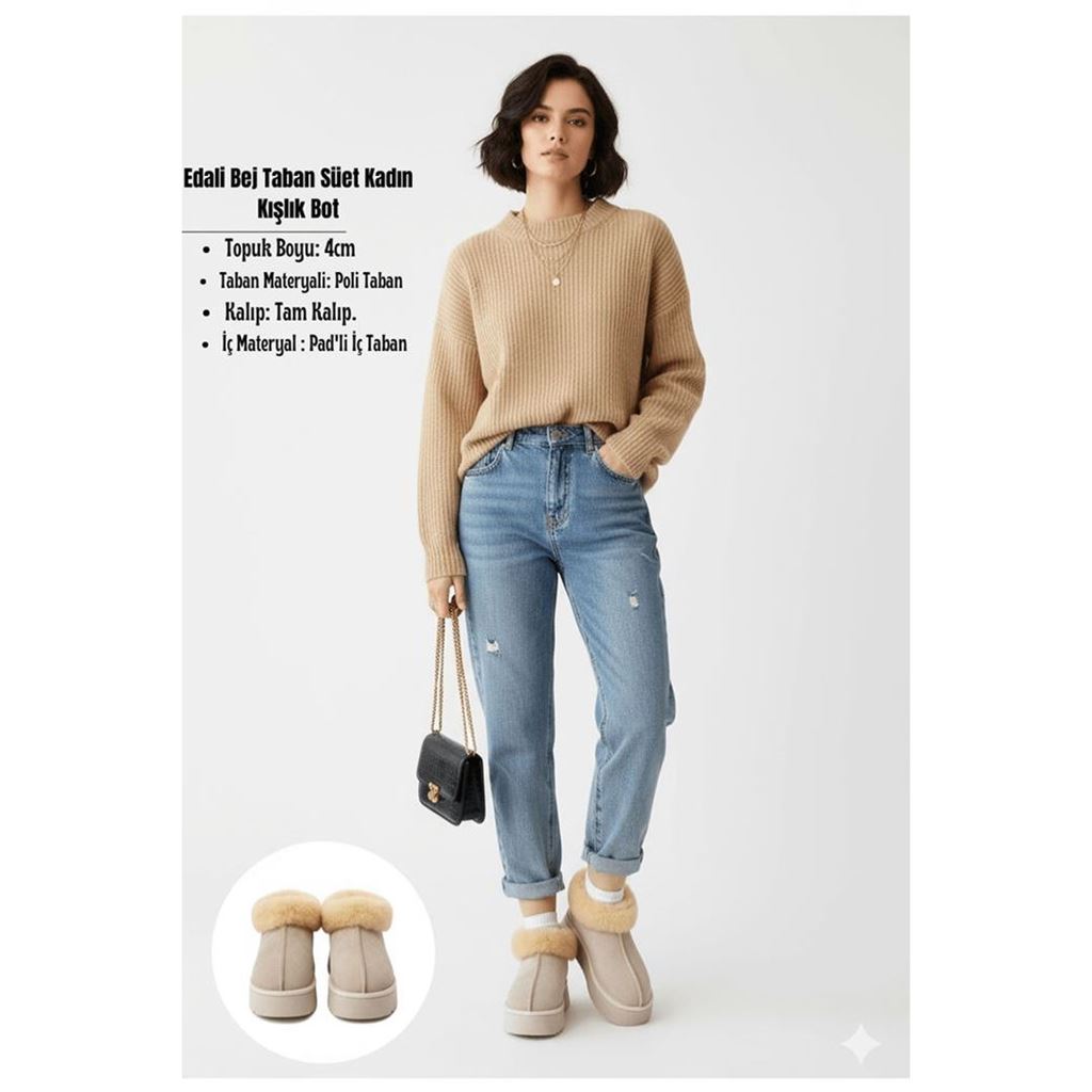 Edali Bej İçi Kürklü Platform Taban Süet Kadın Kışlık Bot