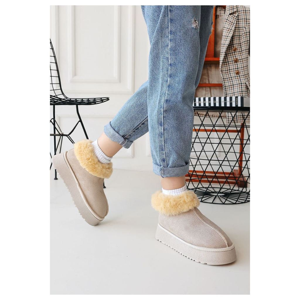 Edali Bej İçi Kürklü Platform Taban Süet Kadın Kışlık Bot