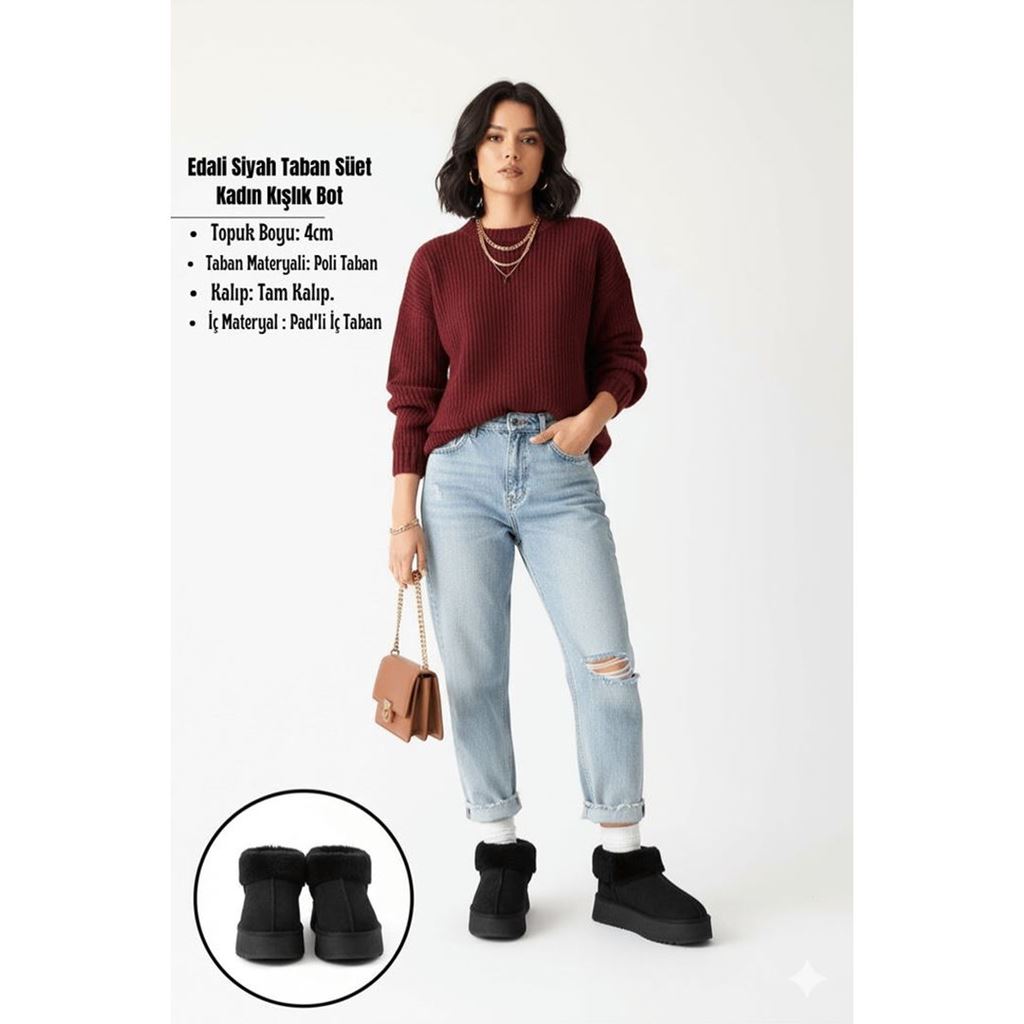 Edali Siyah İçi Kürklü Platform Taban Süet Kadın Kışlık Bot