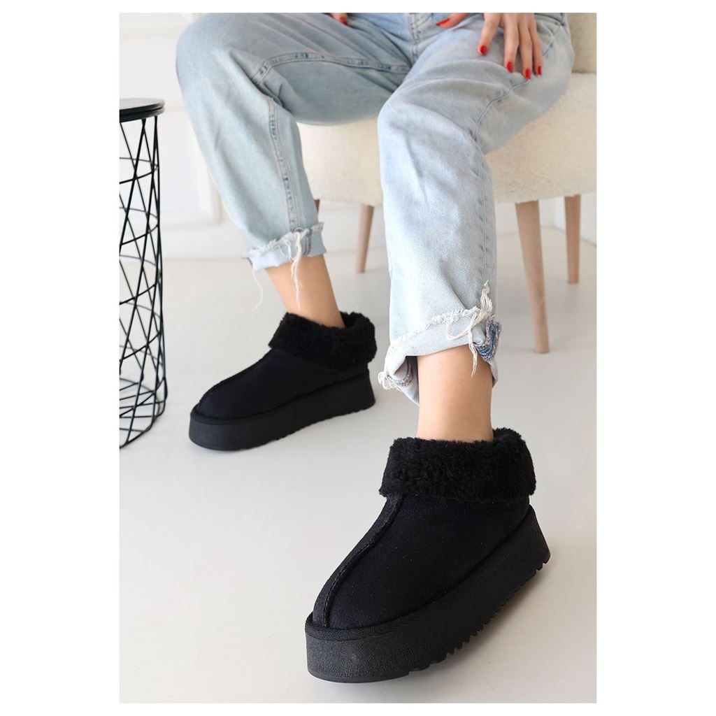 Edali Siyah İçi Kürklü Platform Taban Süet Kadın Kışlık Bot
