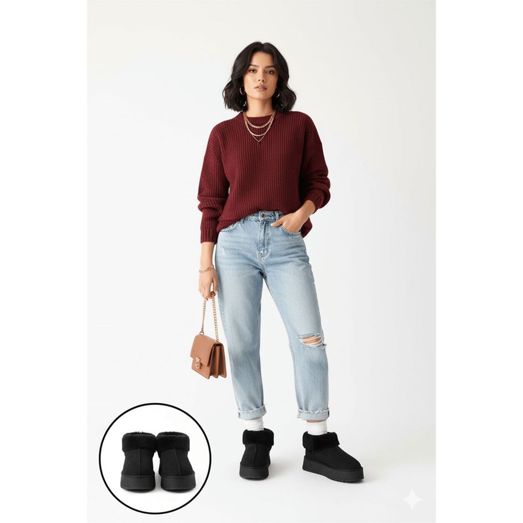 Edali Siyah İçi Kürklü Platform Taban Süet Kadın Kışlık Bot