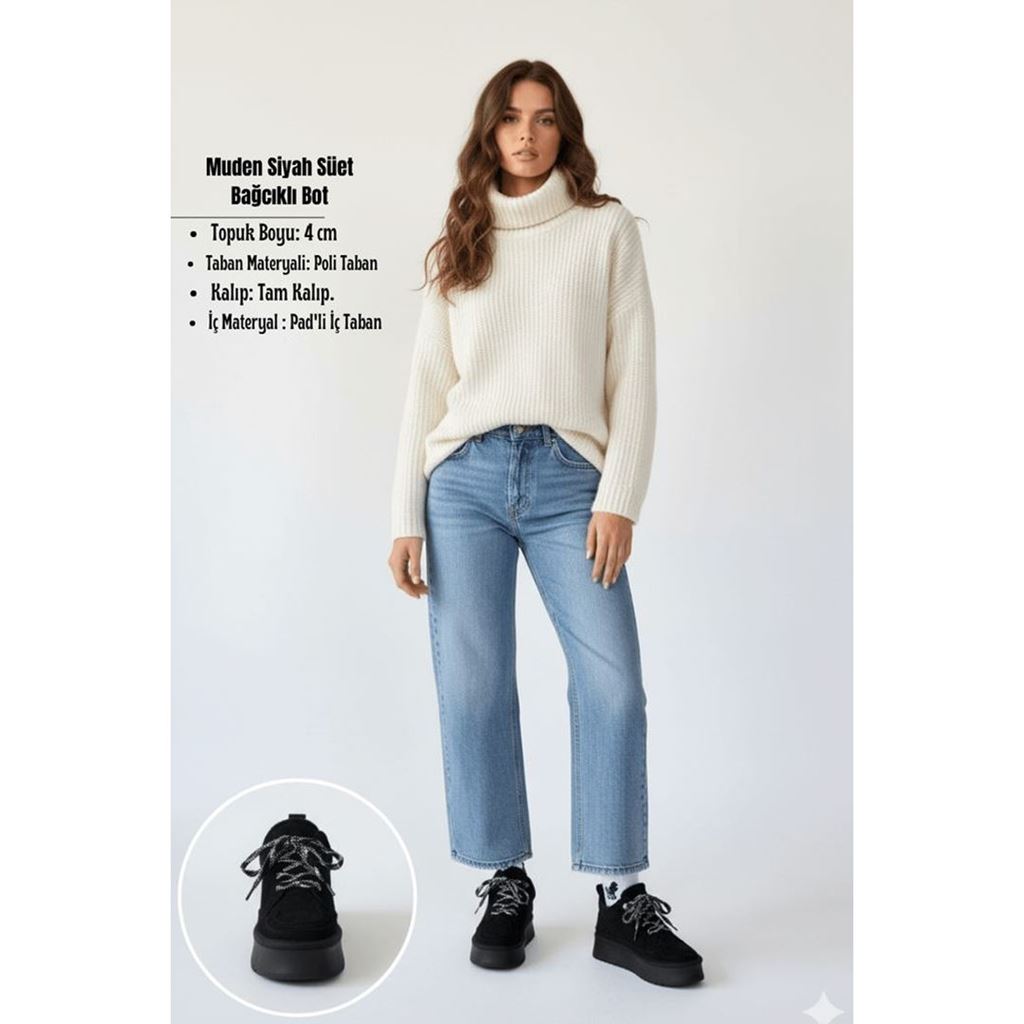 Muden Siyah Süet Bağcıklı Bot