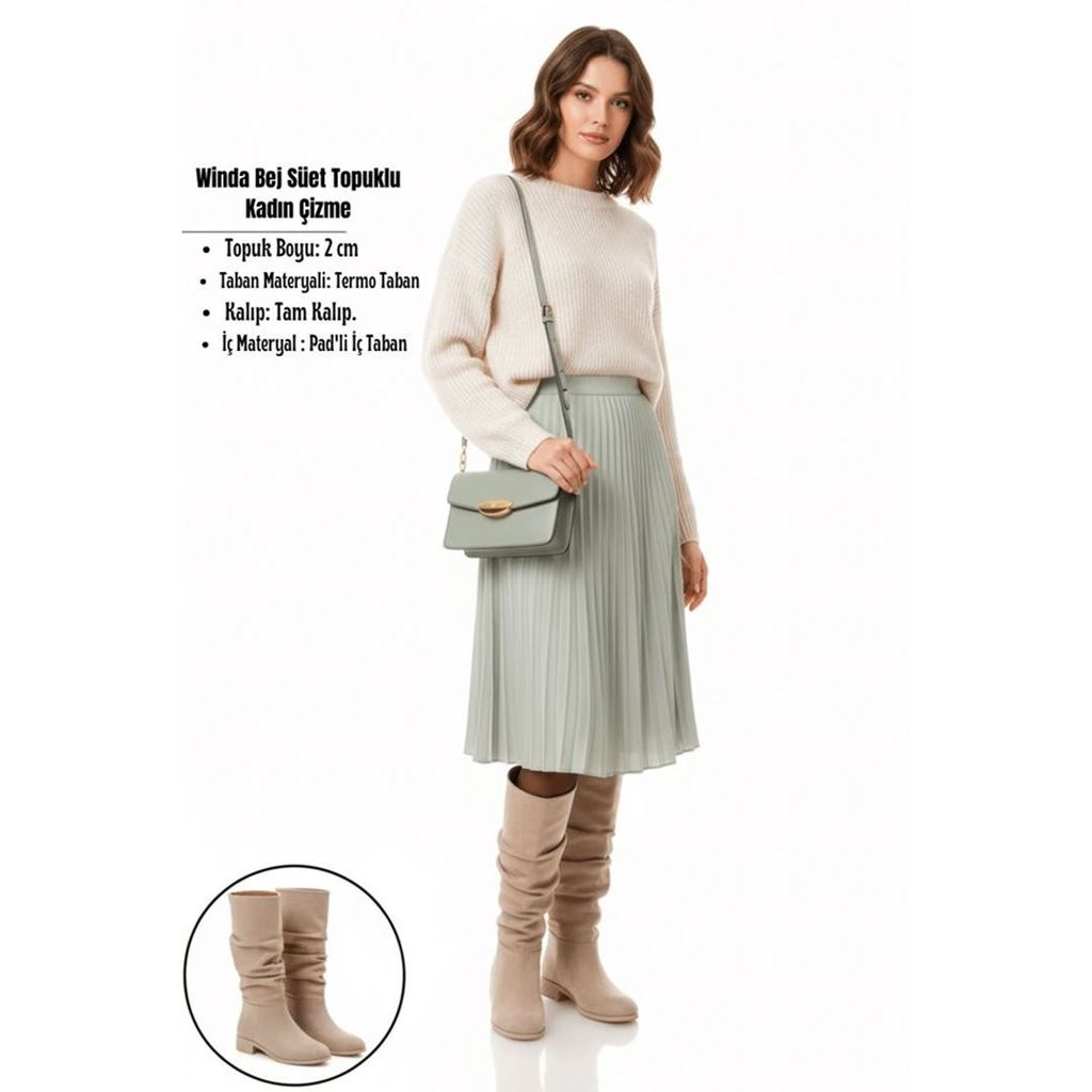 Winda Bej Süet Diz Altı Alçak Topuklu Kadın Çizme