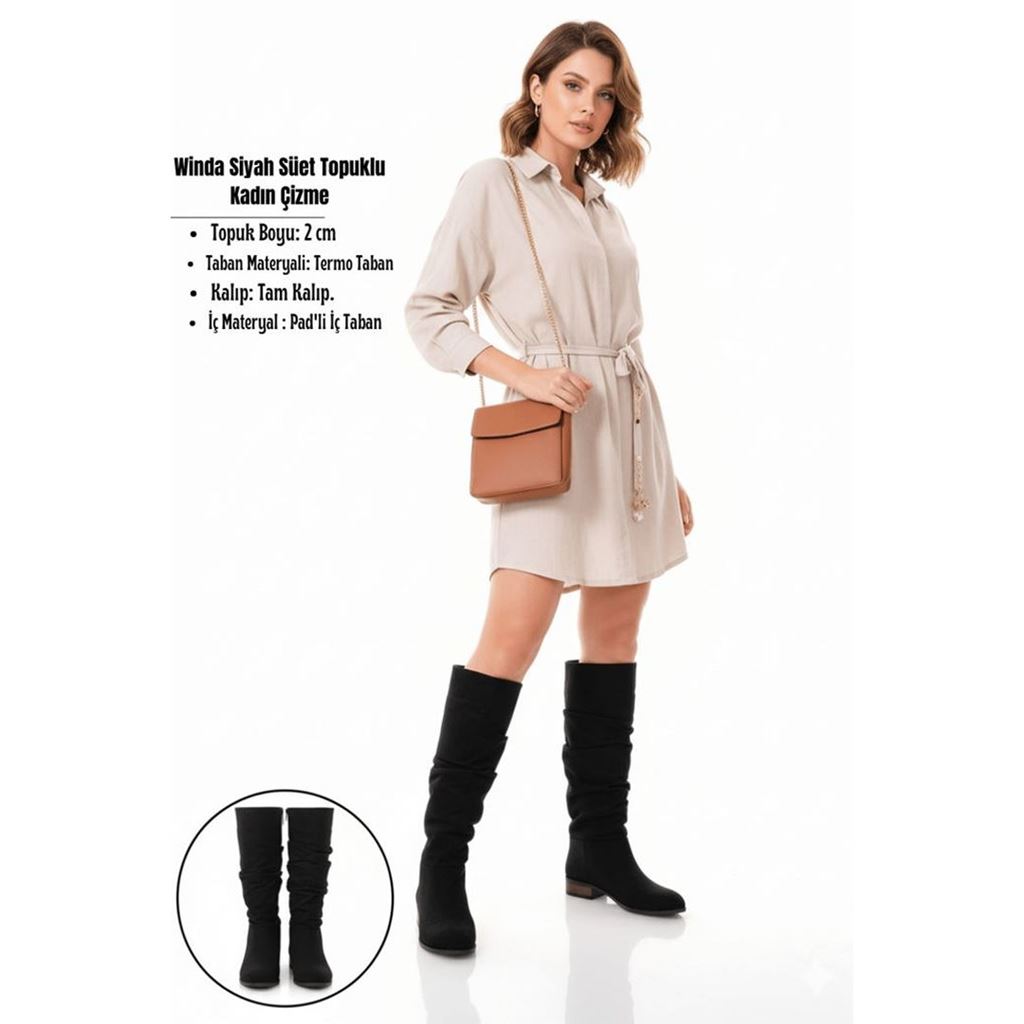Winda Siyah Süet Diz Altı Alçak Topuklu Kadın Çizme