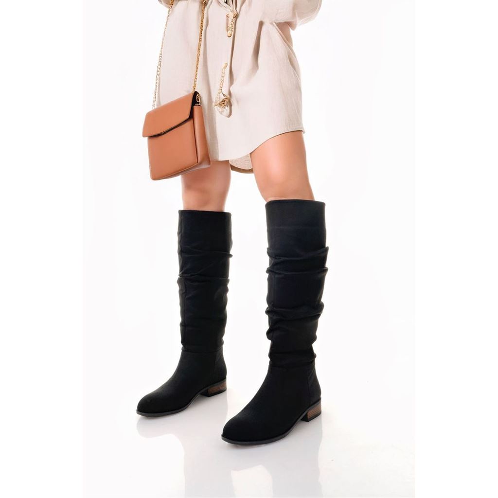 Winda Siyah Süet Diz Altı Alçak Topuklu Kadın Çizme